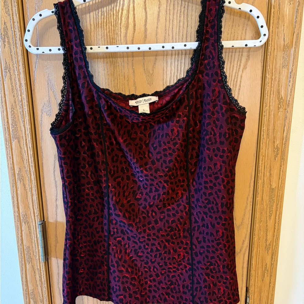 WHBM Black & Maroon Lace Trim Top